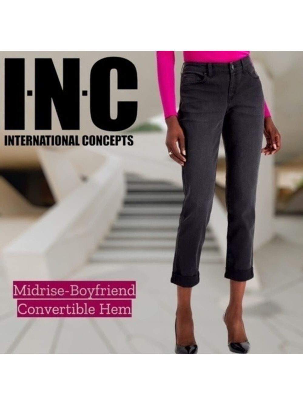 INC INTERNATIONAL CONCEPTS Black Mid-Rise Roll Hem Boyfriend Jeans/Sz 12 NWT